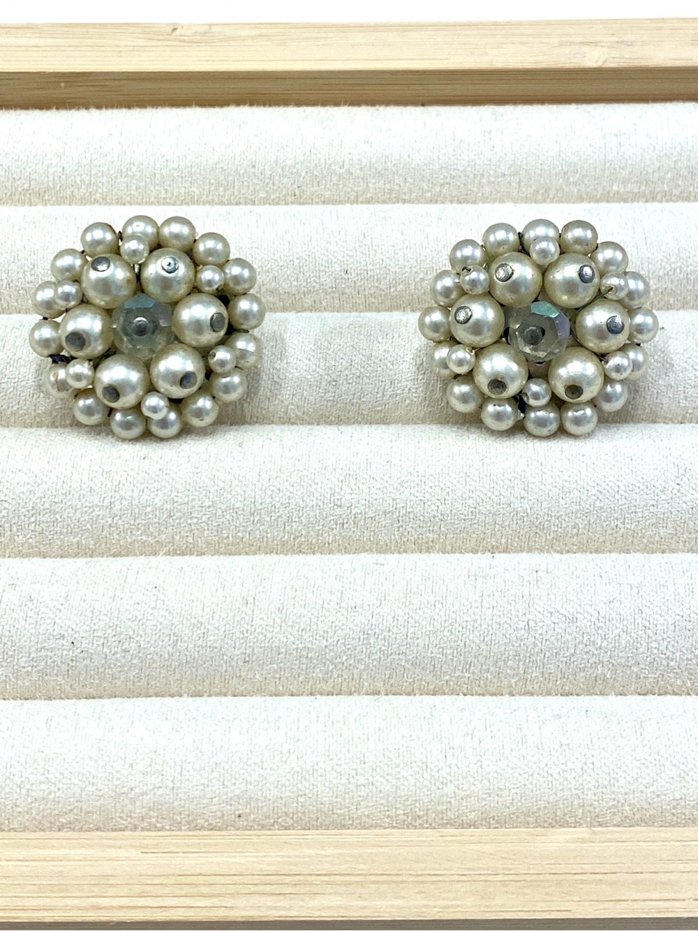Vintage Signed Japan Classic Ivory Pearl Cluster Button Earrings